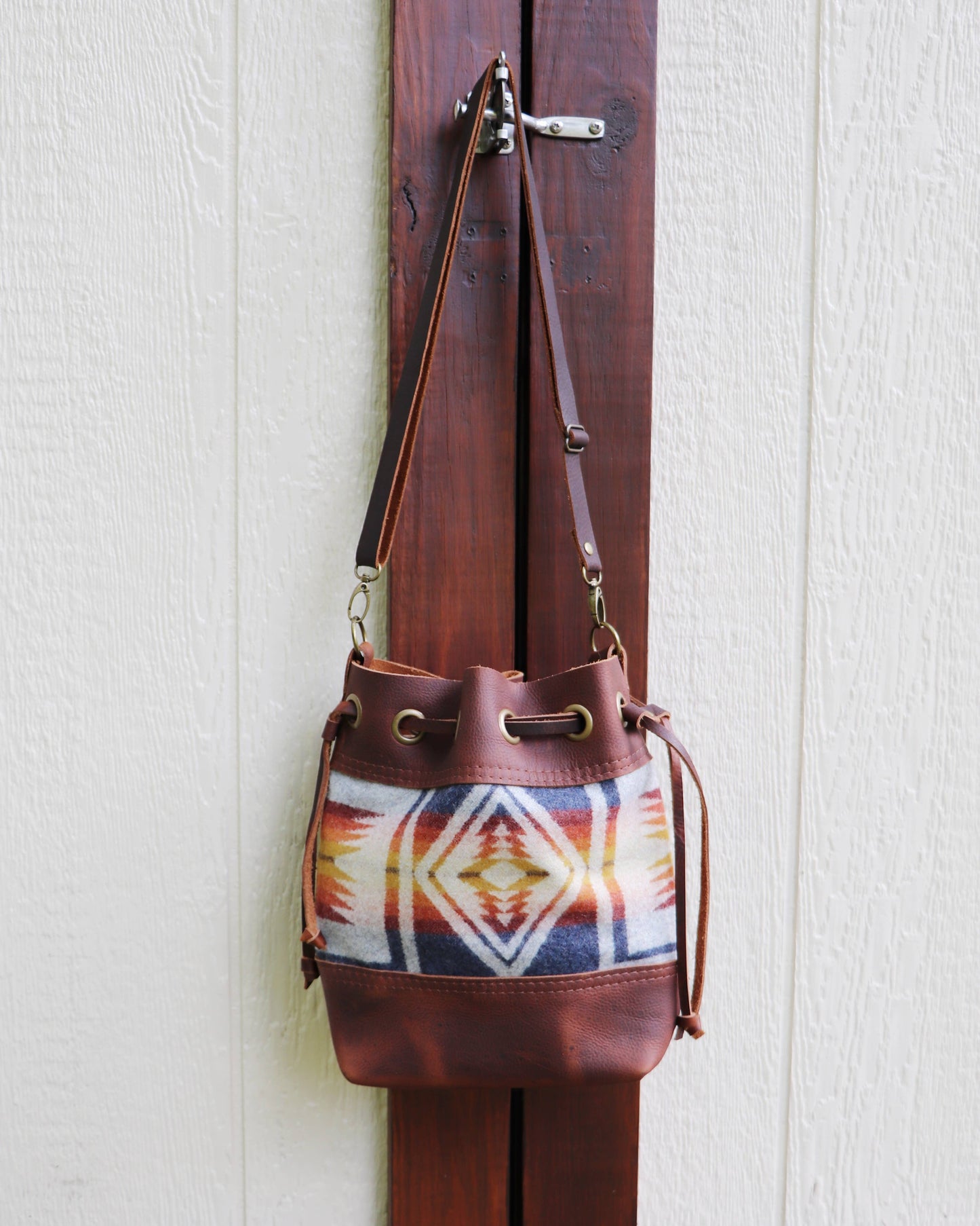 Hawks & Doves - Convertible Drawstring Leather Bag with Wool: Brown / Blue Arroyo