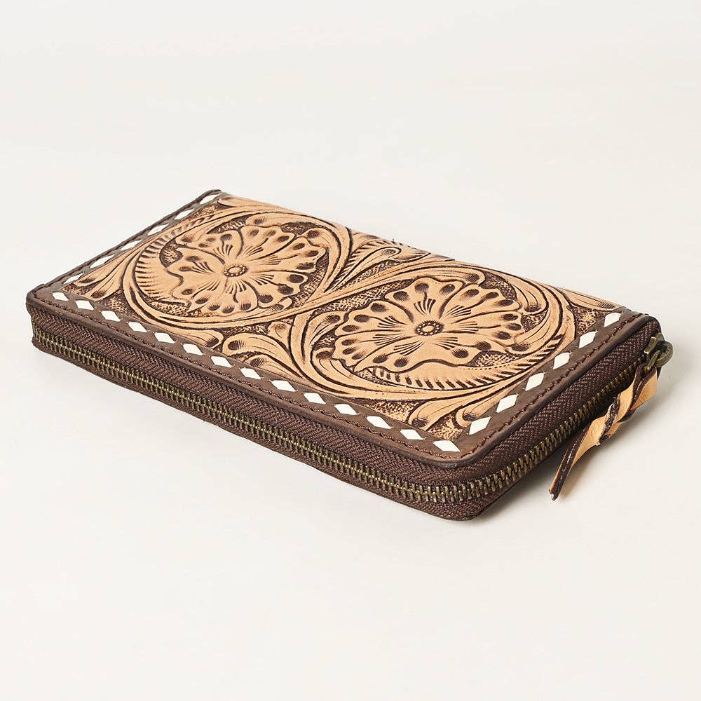 Hand Tooled Genuine Leather Floral Zip Organiser - Western Cowgirl Style