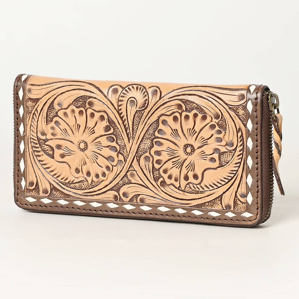 Hand Tooled Genuine Leather Floral Zip Organiser - Western Cowgirl Style