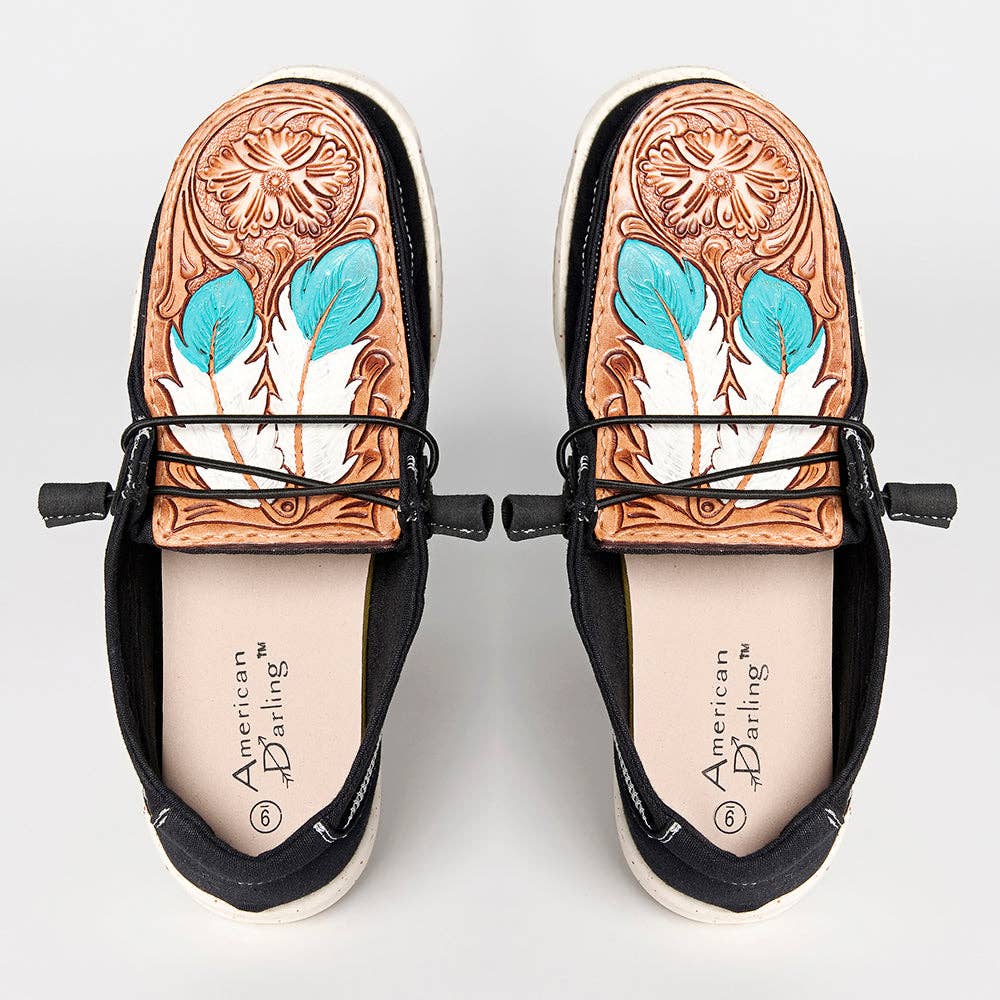 American Darling genuine leather trim shoe footwear slip on, tooled feather