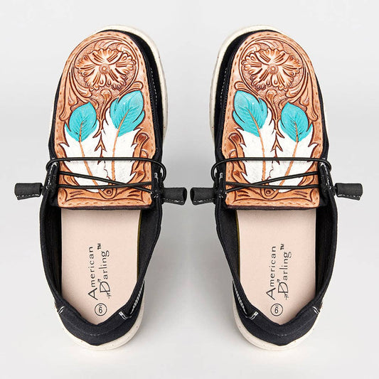 American Darling genuine leather trim shoe footwear slip on, tooled feather