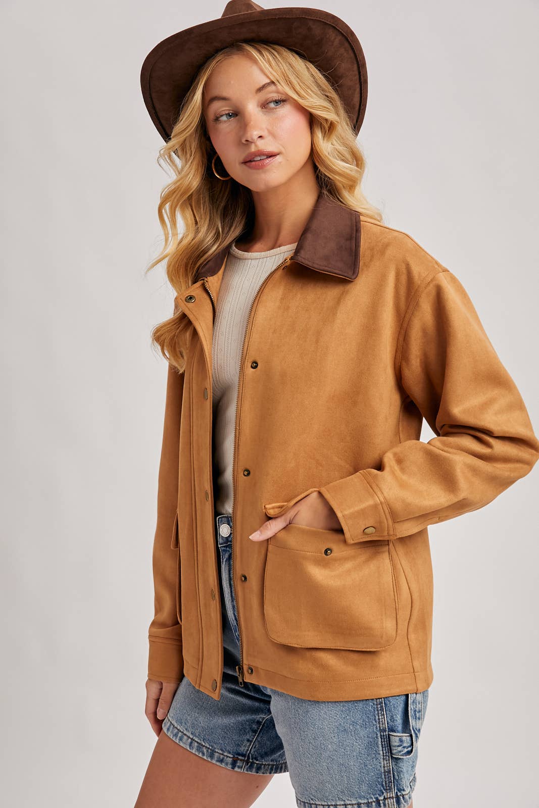 Bluivy - BUTTON DOWN FAUX SUEDE BARBOUR JACKET: CAMEL