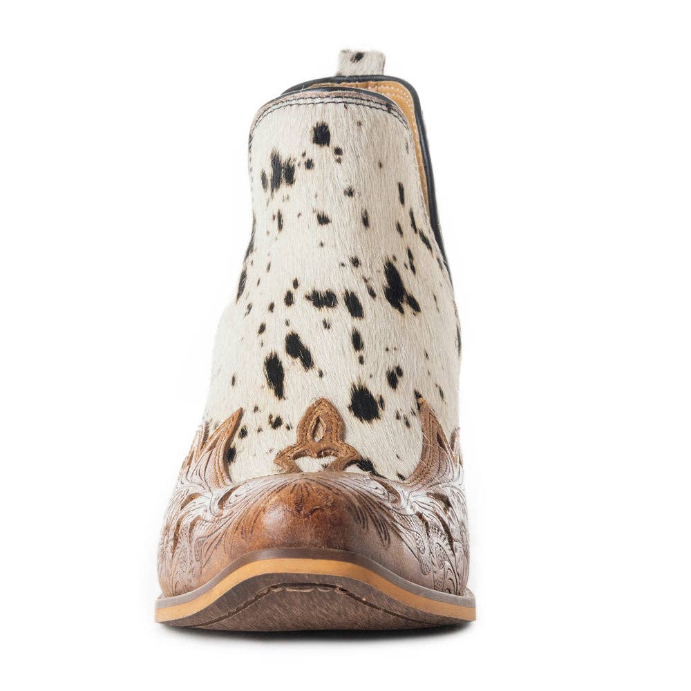 West Street Western Hand-Tooled Booties: Black And White