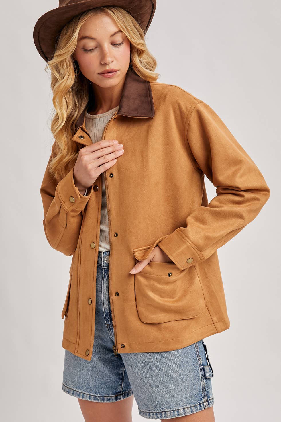 Bluivy - BUTTON DOWN FAUX SUEDE BARBOUR JACKET: CAMEL