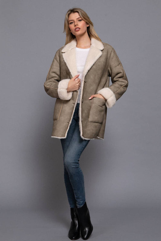 Lapel Collar Button Down Double Sided Faux Leather Coat