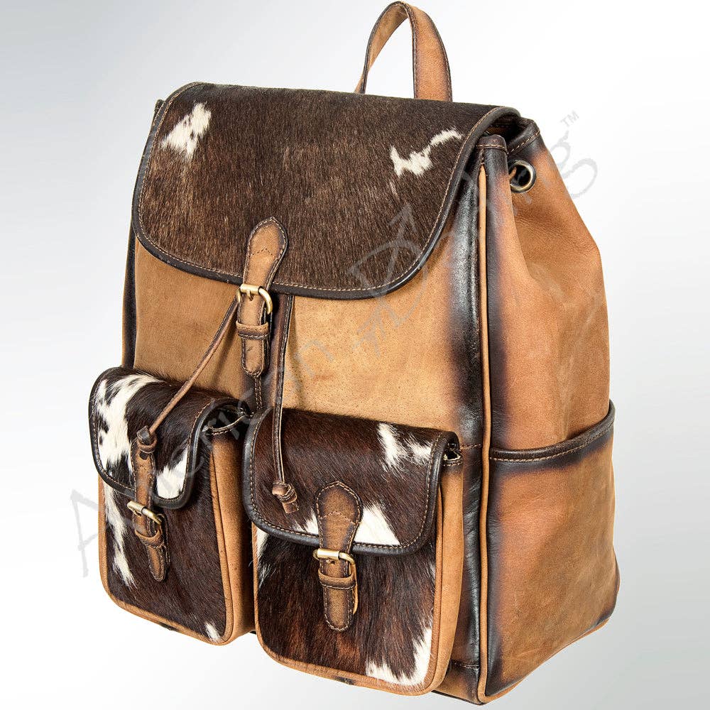 Hair-On Hide & Leather Western Backpack - Dual Pocket Drawstring Travel Bag: ADBGI122B