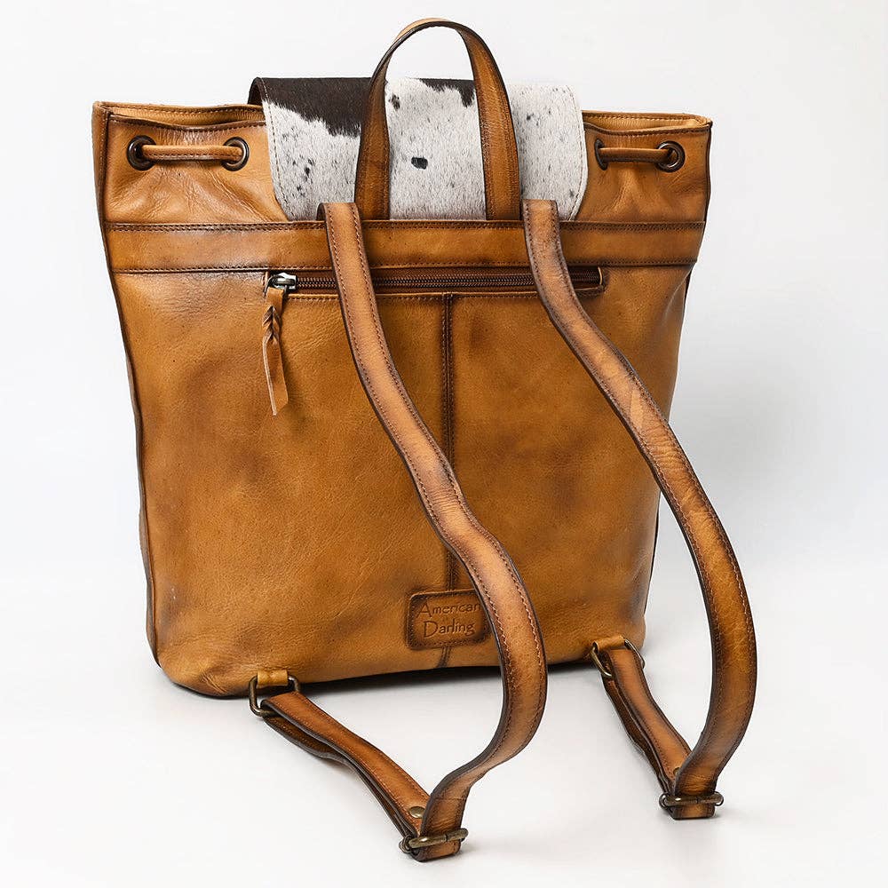 Quilted Leather & Cowhide Boot Stich Western Backpack - Handcrafted Drawstring Rodeo Bag