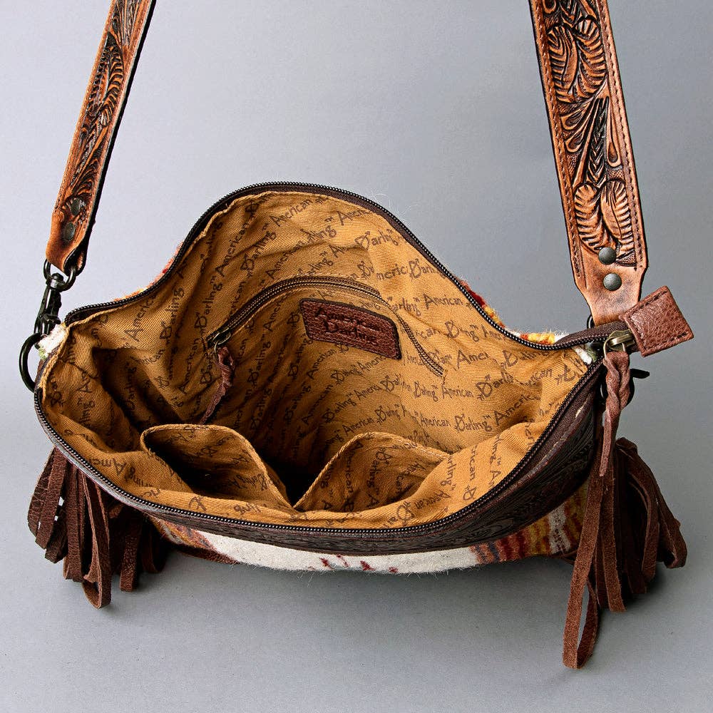 American Darling Tooled Leather & Tribal Wool Crossbody Bag - Western Fringe Shoulder Purse