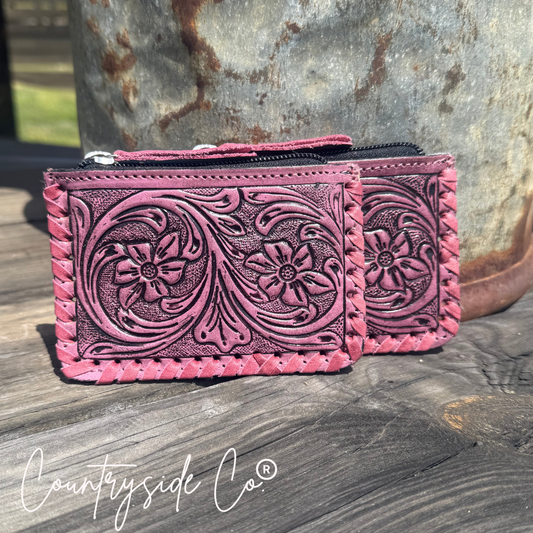 Tooled Leather Pouch, Bag Organizer Pink