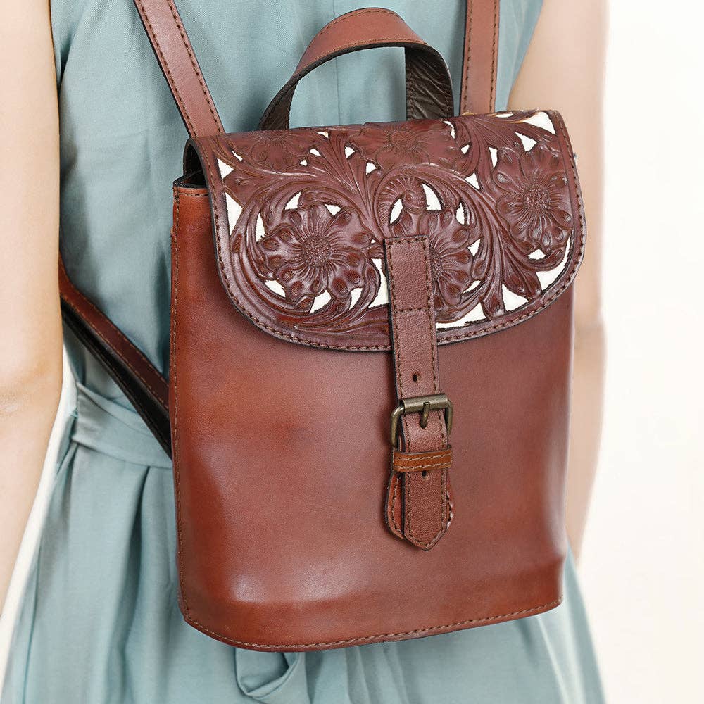 Backpack Genuine Leather Hand tooled backpack - brown