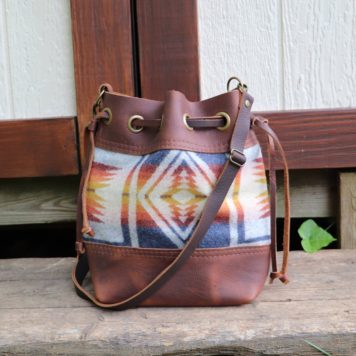 Hawks & Doves - Convertible Drawstring Leather Bag with Wool: Brown / Blue Arroyo