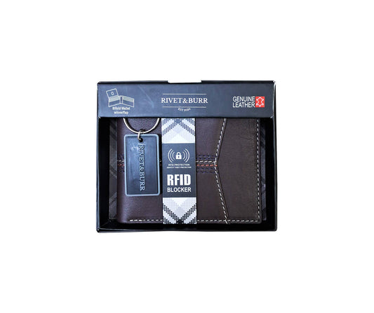 Contrast Stitch Bifold Wallet w/ Vanity Tray & Keychain: Brown