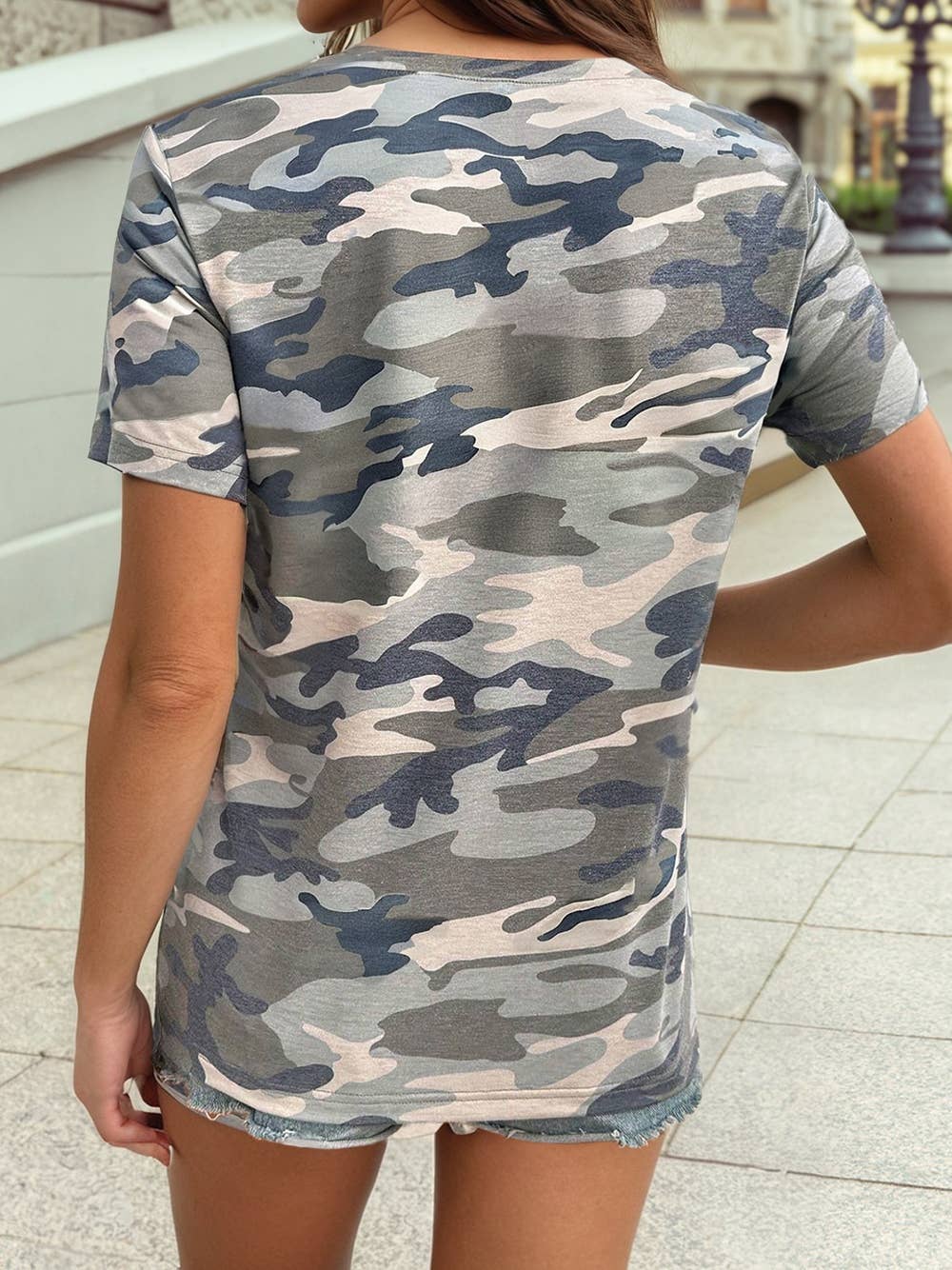 Camo Print Crew Neck Short Sleeve Casual Loose Blouse: Green