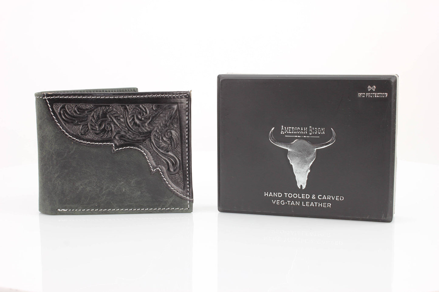 American Bison Oil Pull Up Bifold Wallet Tooled