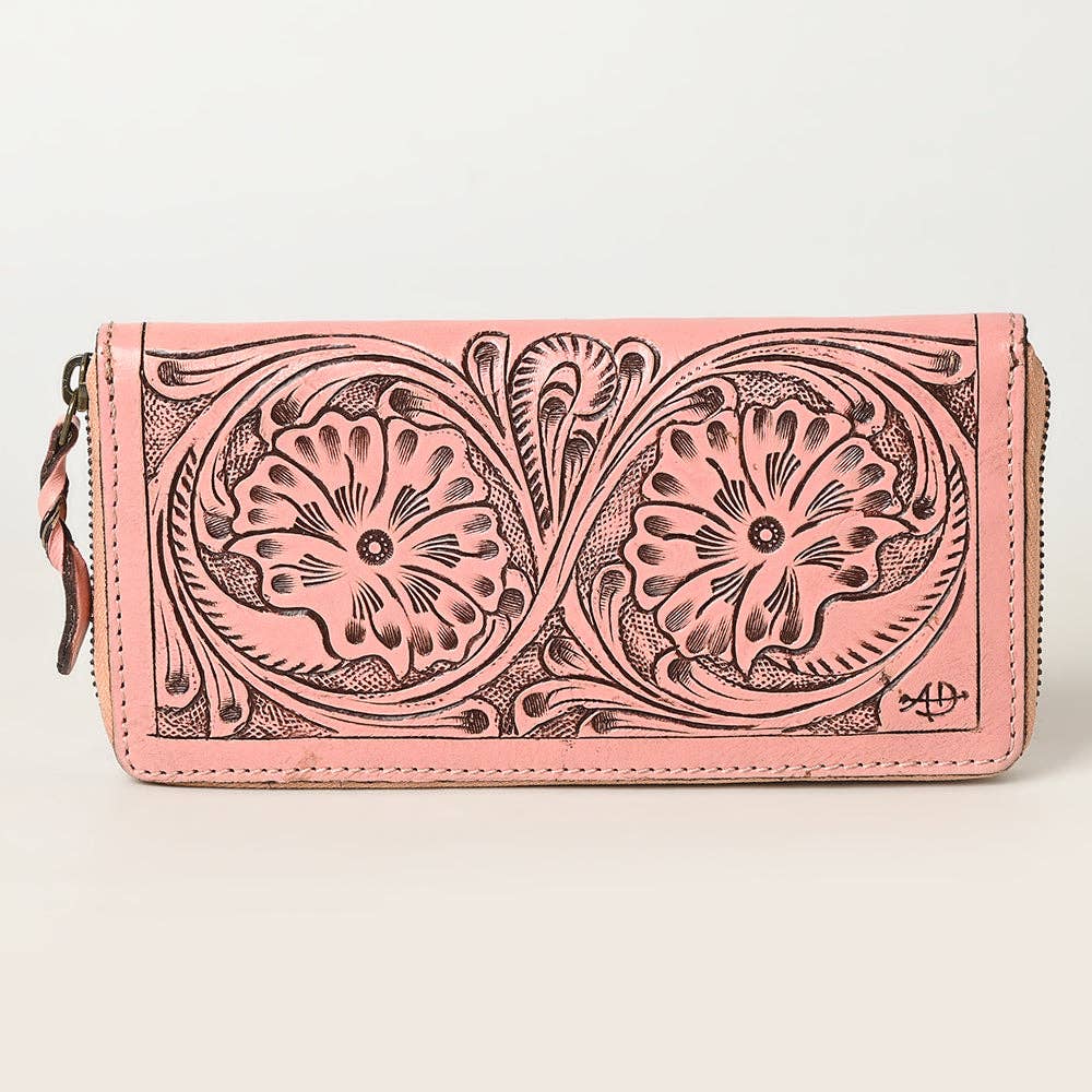 Hand Tooled Genuine Leather Floral Zip Organizer - Western Cowgirl Style pink