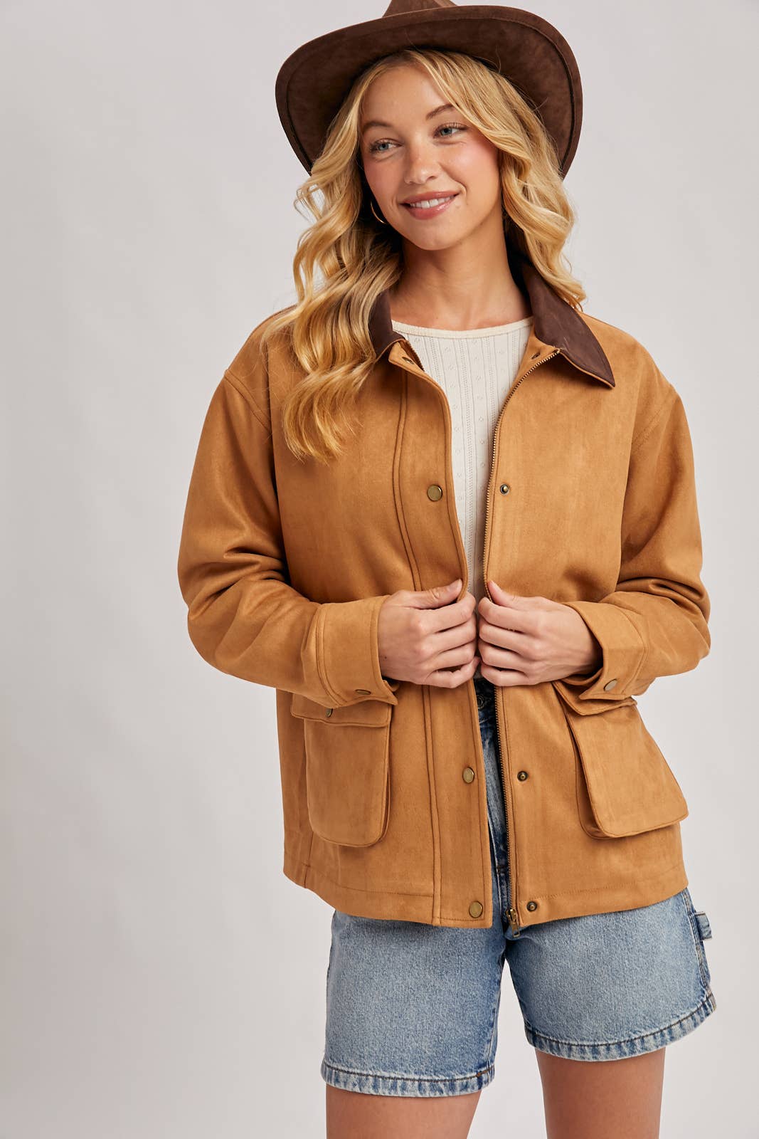 Bluivy - BUTTON DOWN FAUX SUEDE BARBOUR JACKET: CAMEL