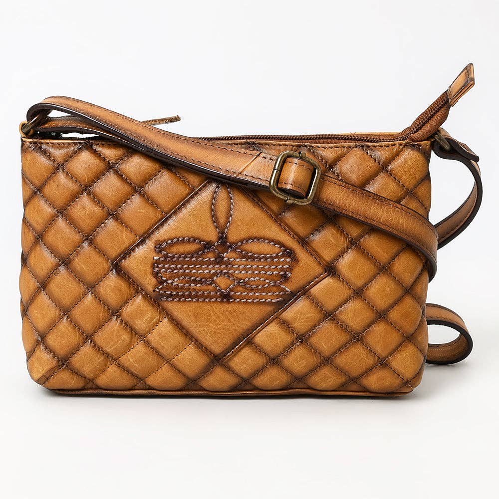 American Darling Quilted Tan Leather Crossbody Bag - Western Boot Stitch Small Rodeo Purse