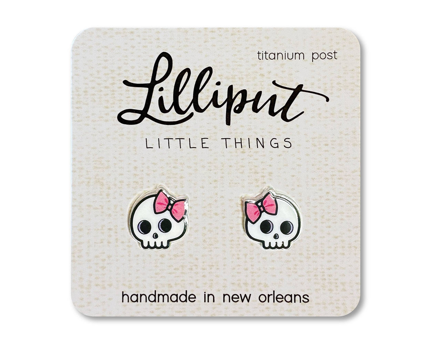 Cute Skull Earrings w Pink Bow
