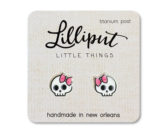 Cute Skull Earrings w Pink Bow