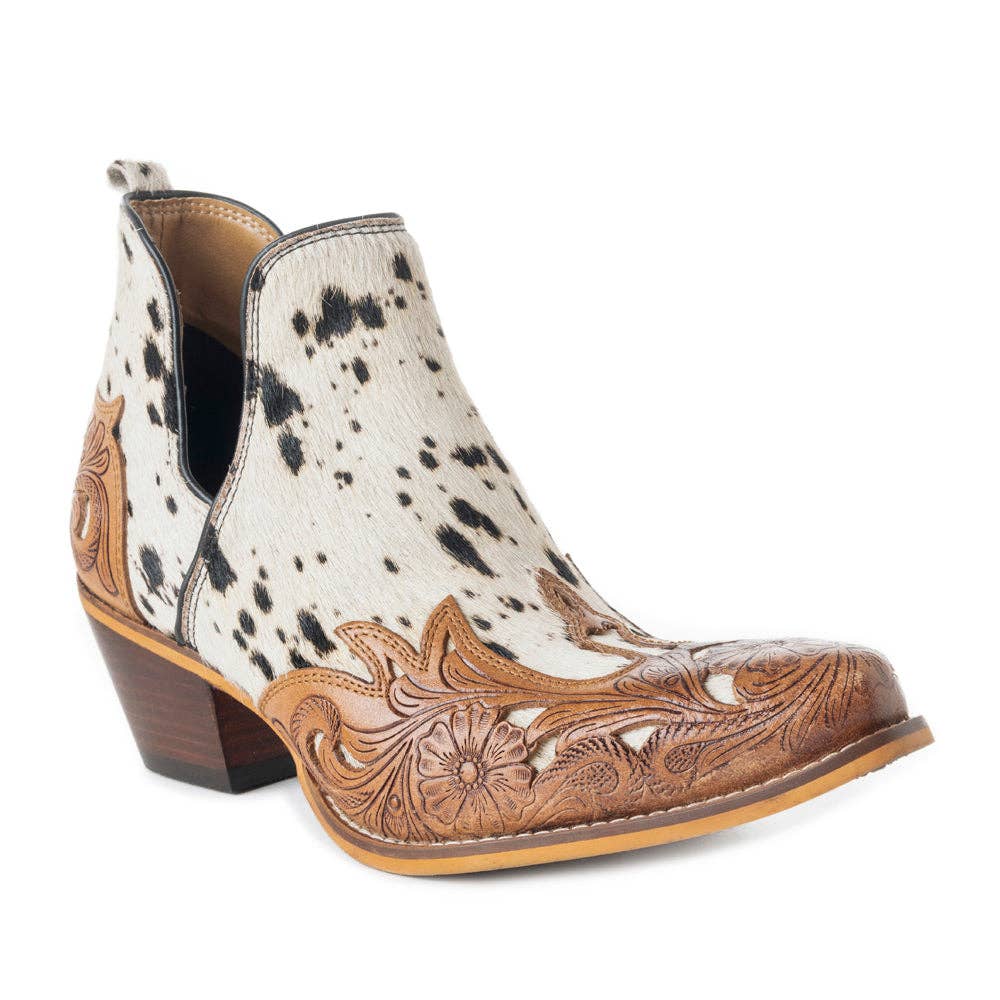 West Street Western Hand-Tooled Booties: Black And White