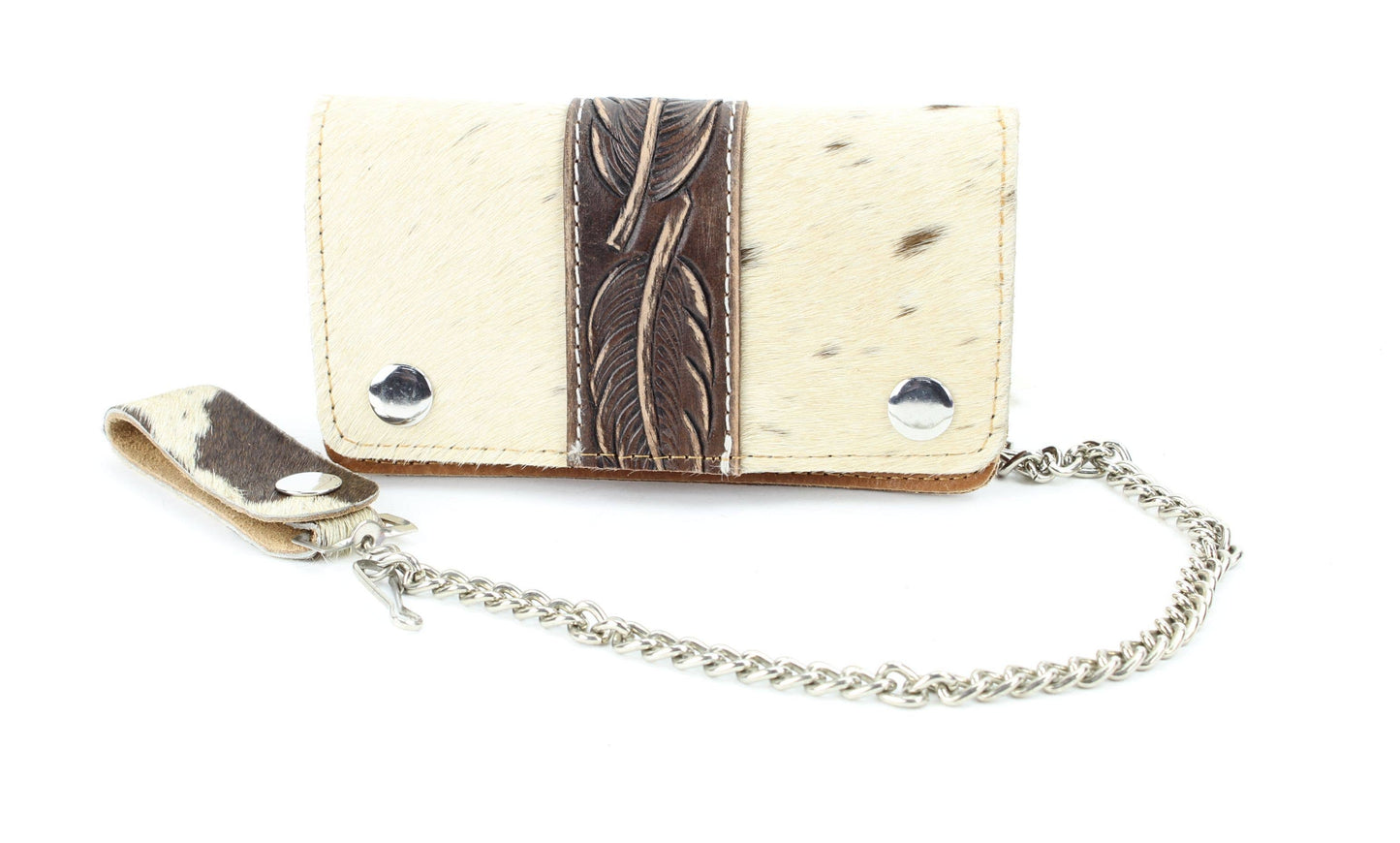 Tan hair on hide tooled leather chain wallet