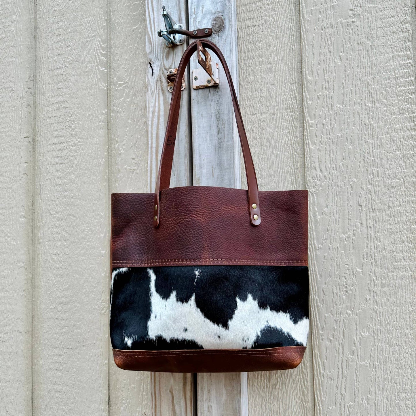 Hawks & Doves - Leather Tote with Cowhide Panel - Short Tricolor / Black