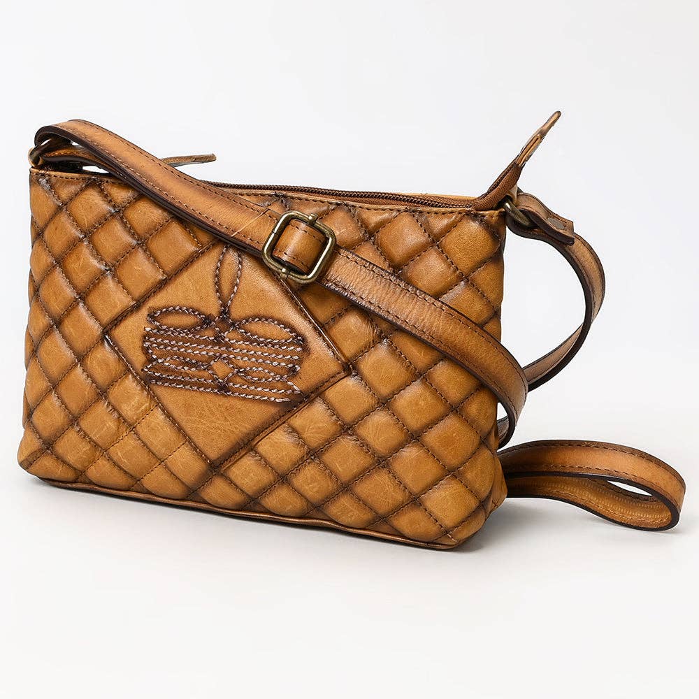 American Darling Quilted Tan Leather Crossbody Bag - Western Boot Stitch Small Rodeo Purse
