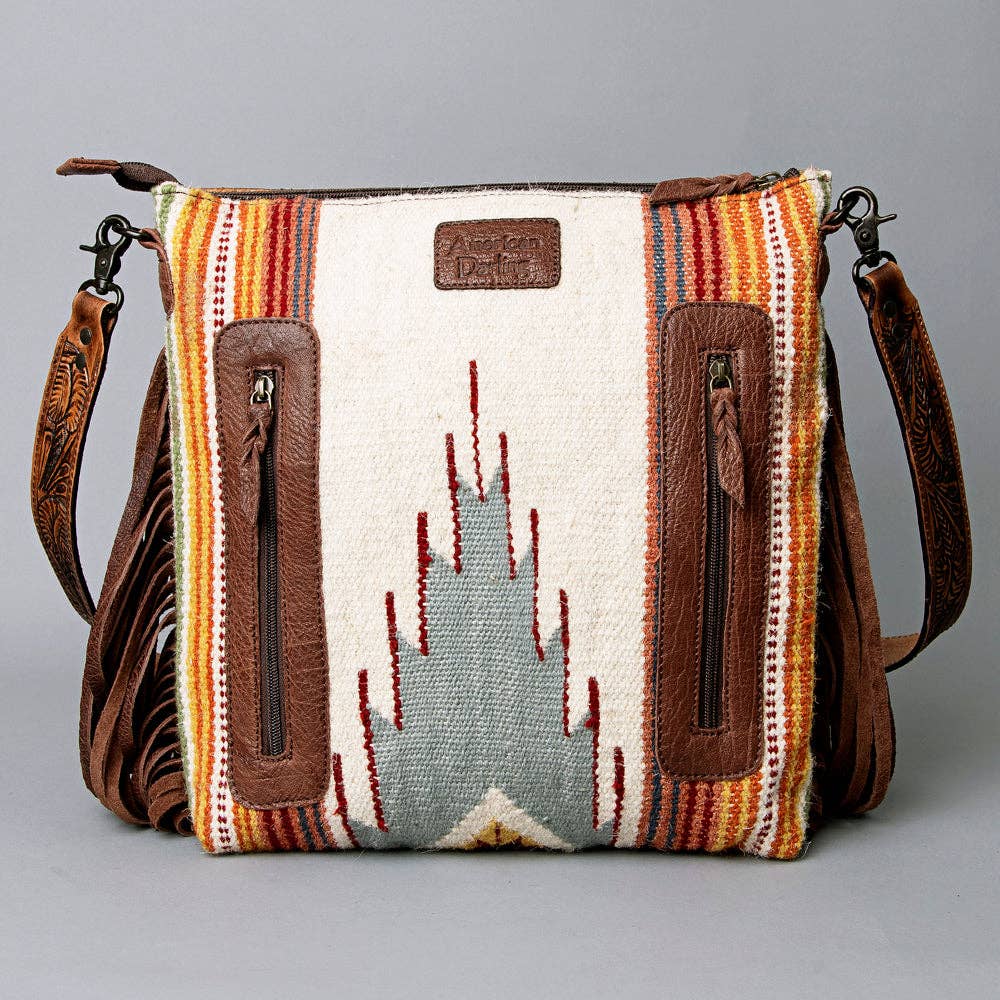 American Darling Tooled Leather & Tribal Wool Crossbody Bag - Western Fringe Shoulder Purse