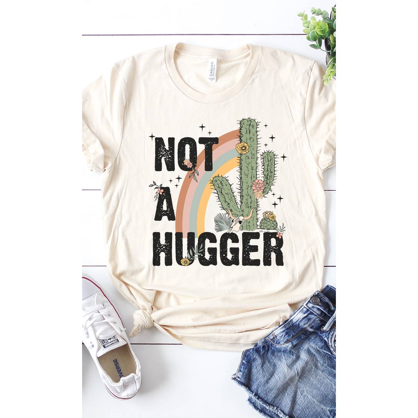 Retro Not A Hugger Graphic Tee: WHITE