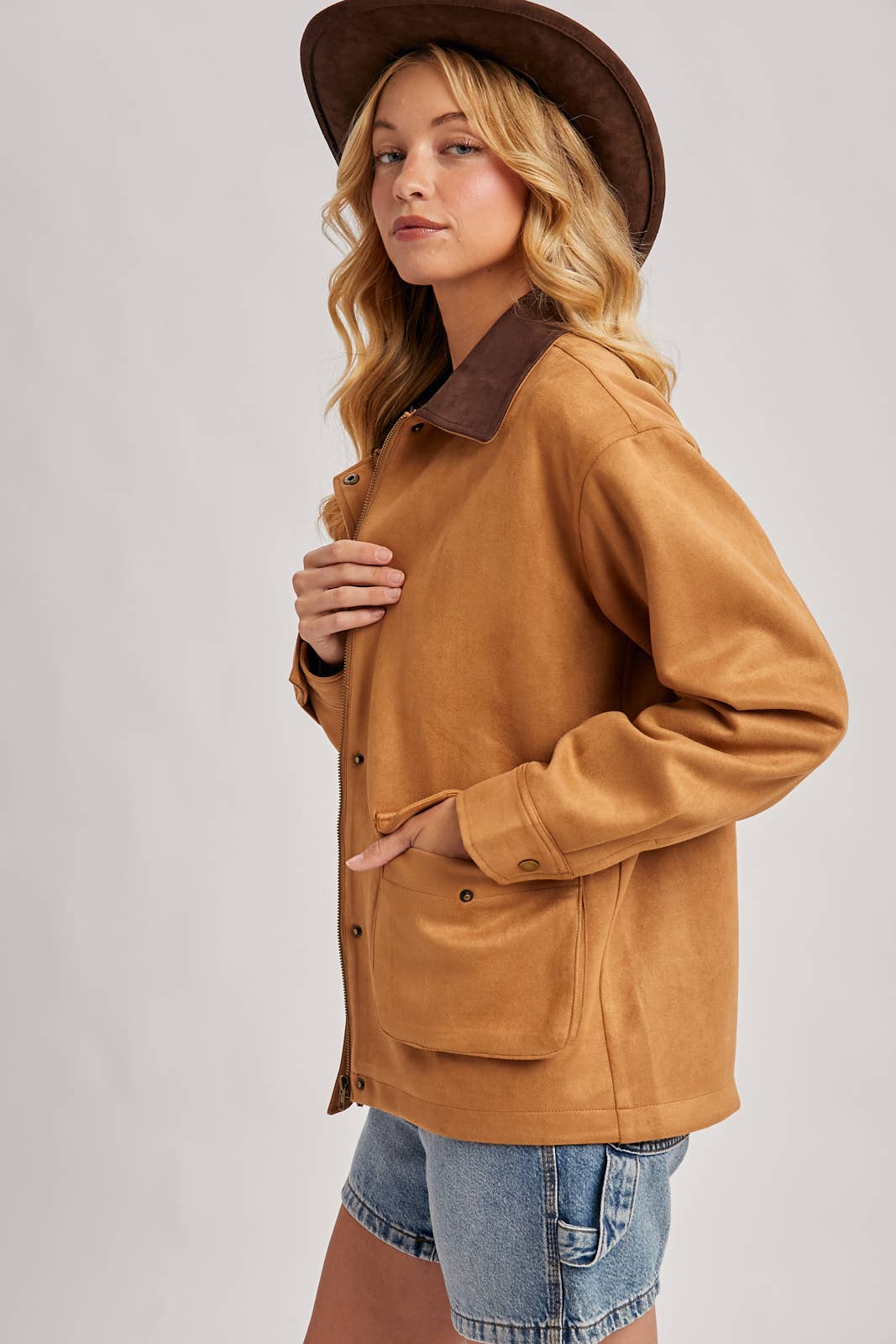 Bluivy - BUTTON DOWN FAUX SUEDE BARBOUR JACKET: CAMEL