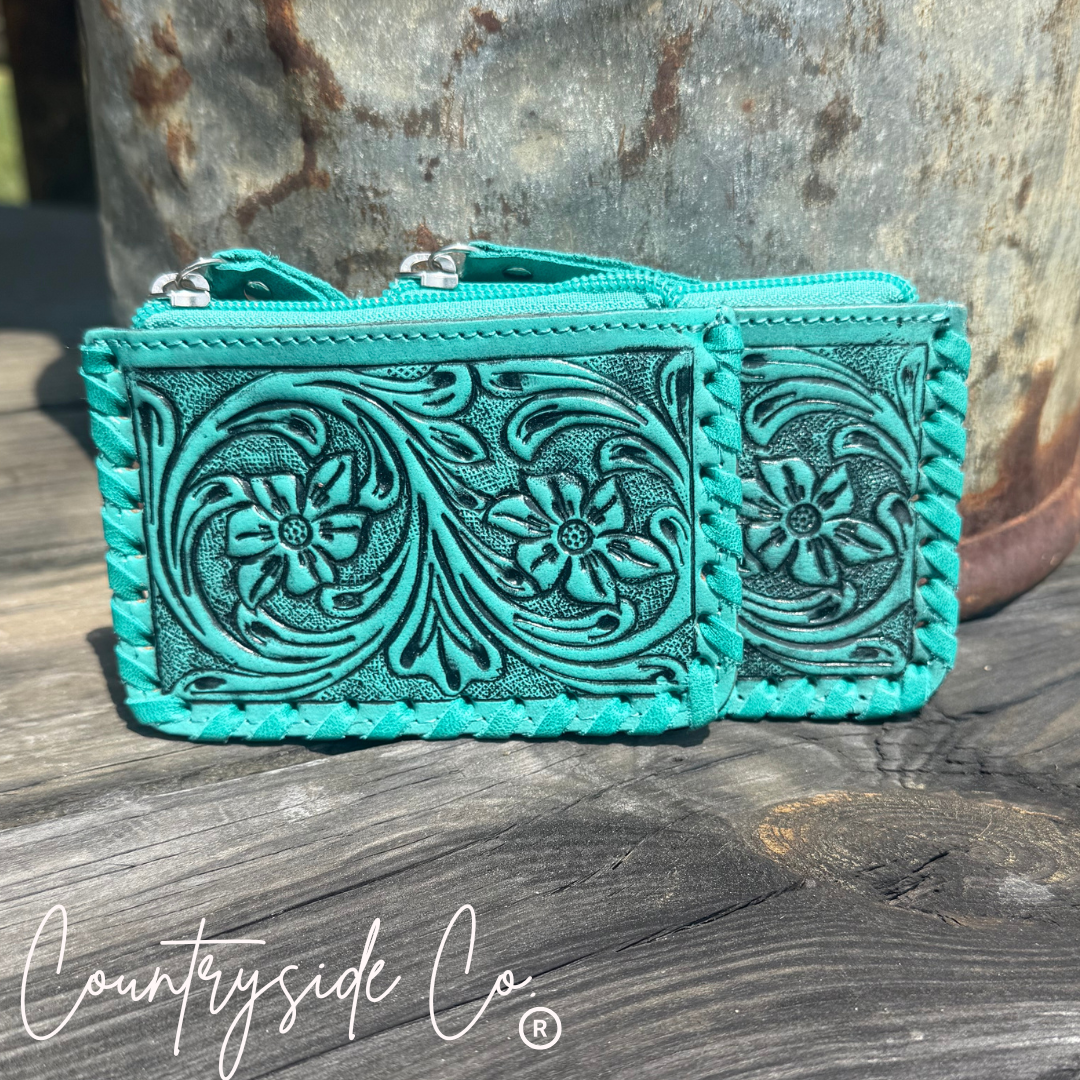 Tooled Leather Pouch, Bag Organizer Pink