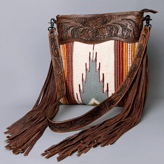 American Darling Tooled Leather & Tribal Wool Crossbody Bag - Western Fringe Shoulder Purse