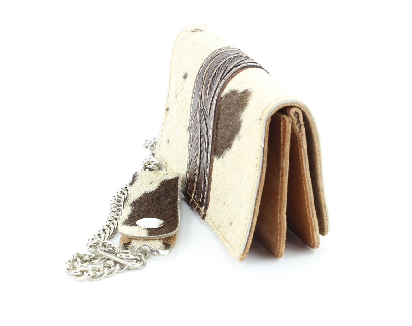Tan hair on hide tooled leather chain wallet