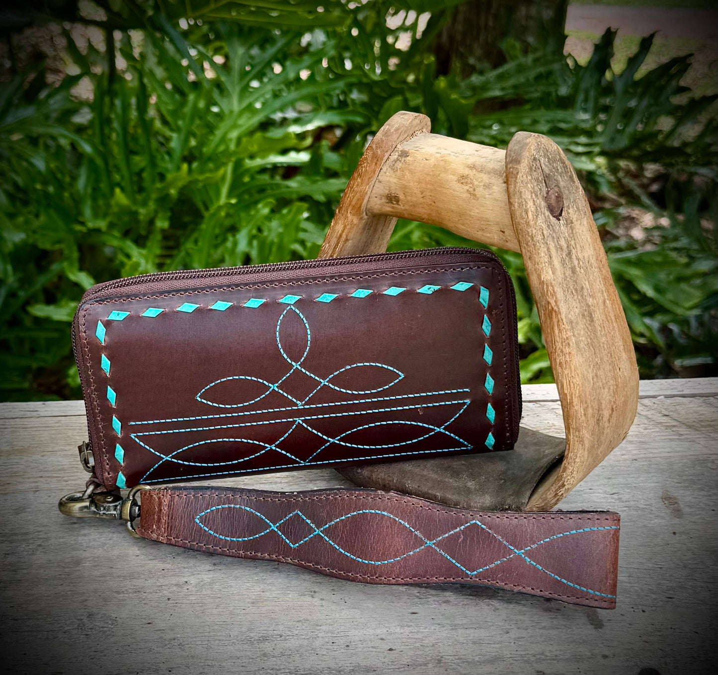 Leather Boot Stitch Zipper Wallet Wristlet