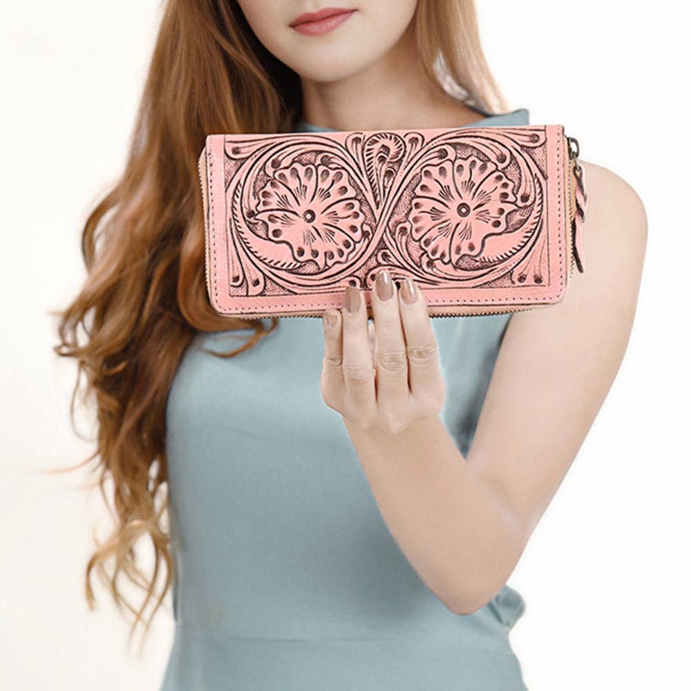 Hand Tooled Genuine Leather Floral Zip Organizer - Western Cowgirl Style pink