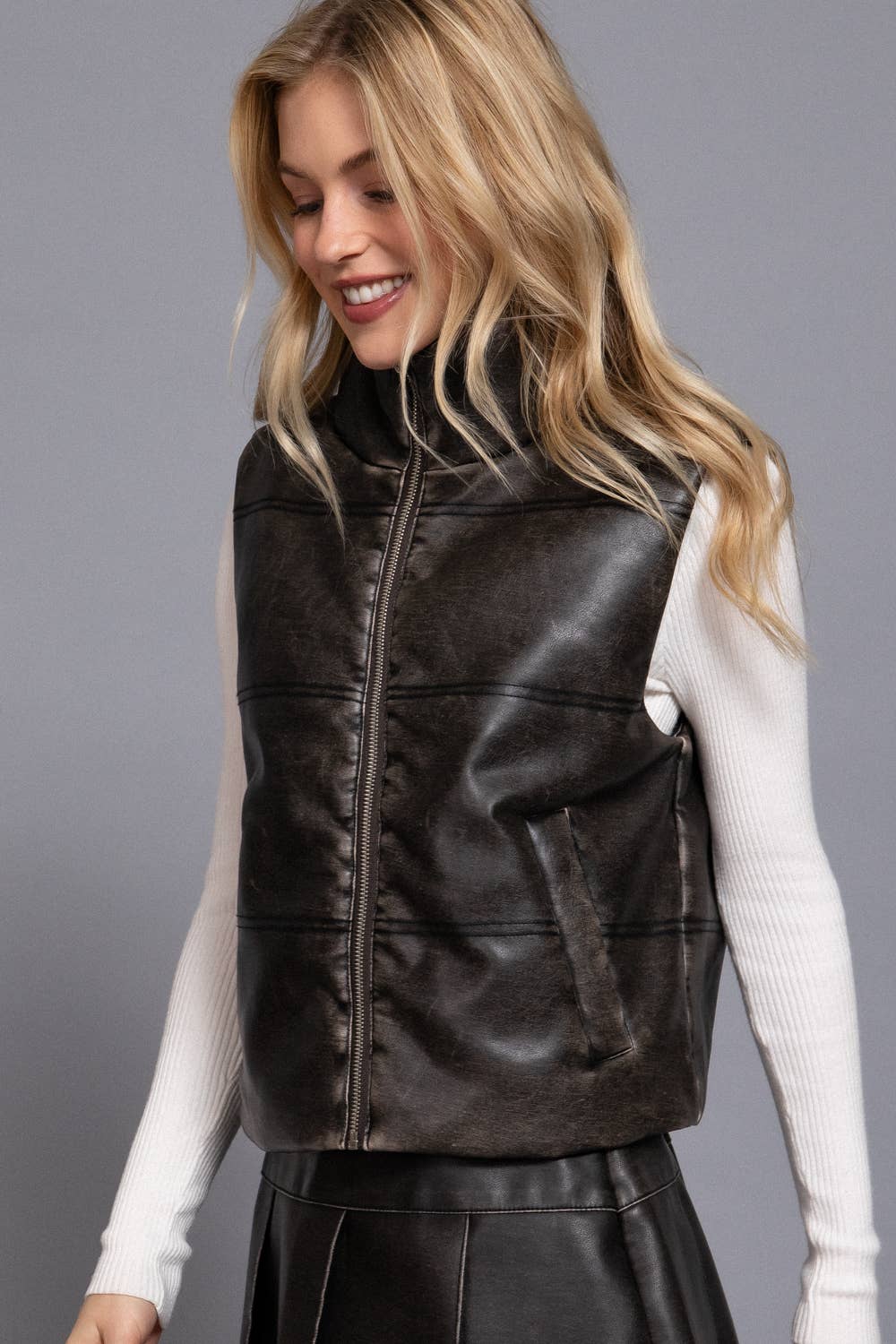 Wash Effect Faux Leather Vest