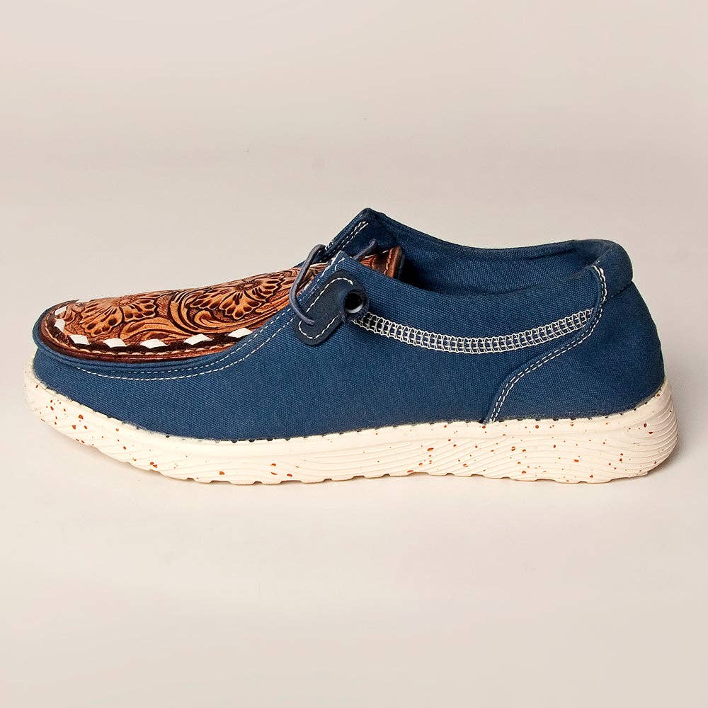 American Darling Slip-On Flats - Women's Blue Canvas Loafers with Tan Tooled Leather