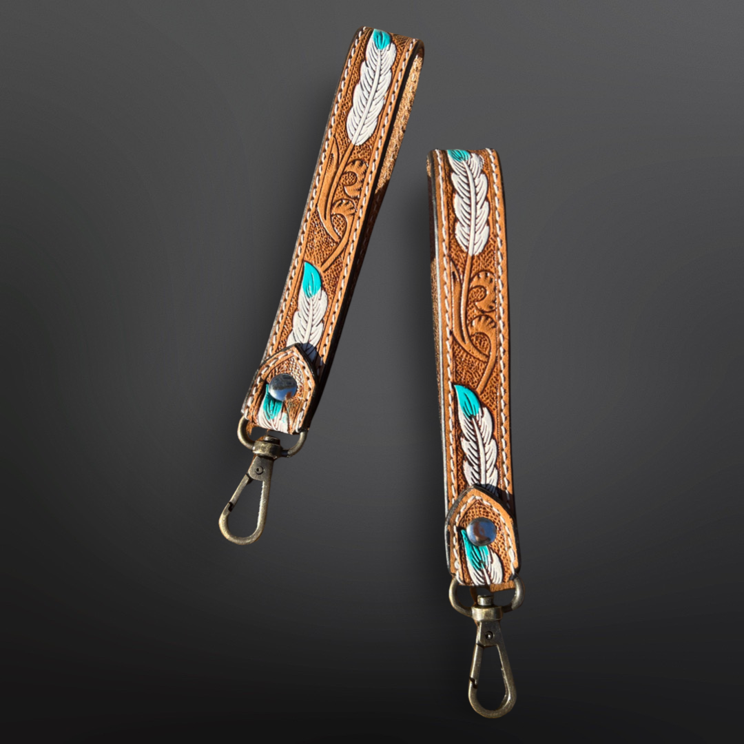 Tooled Leather Western Feather Wrist Strap Keychain - Feather