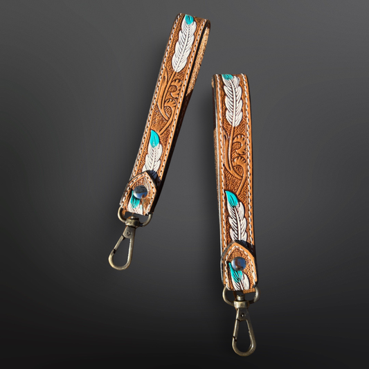 Tooled Leather Western Feather Wrist Strap Keychain - Feather