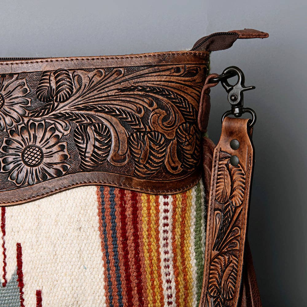 American Darling Tooled Leather & Tribal Wool Crossbody Bag - Western Fringe Shoulder Purse