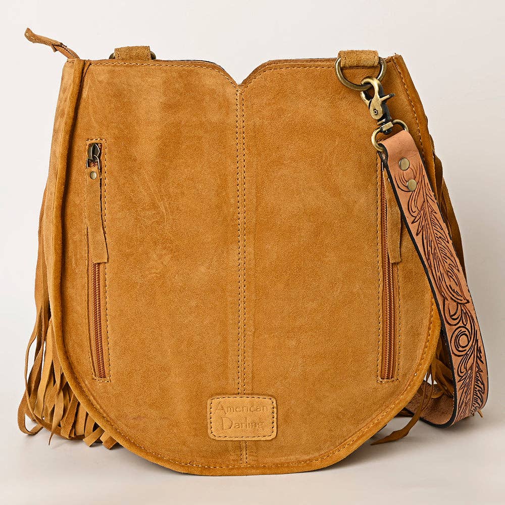 American Darling Western Feather Tooled Leather Large Crossbody Bag with Fringe