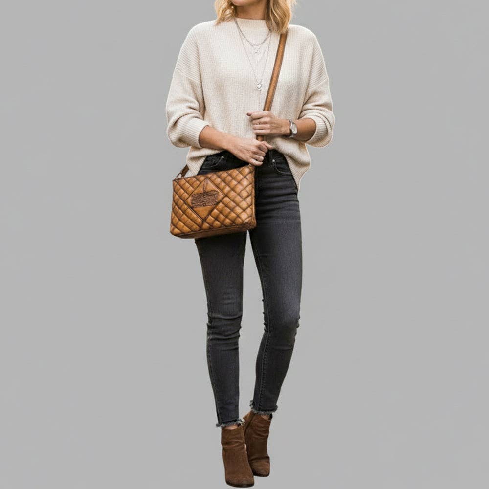 American Darling Quilted Tan Leather Crossbody Bag - Western Boot Stitch Small Rodeo Purse