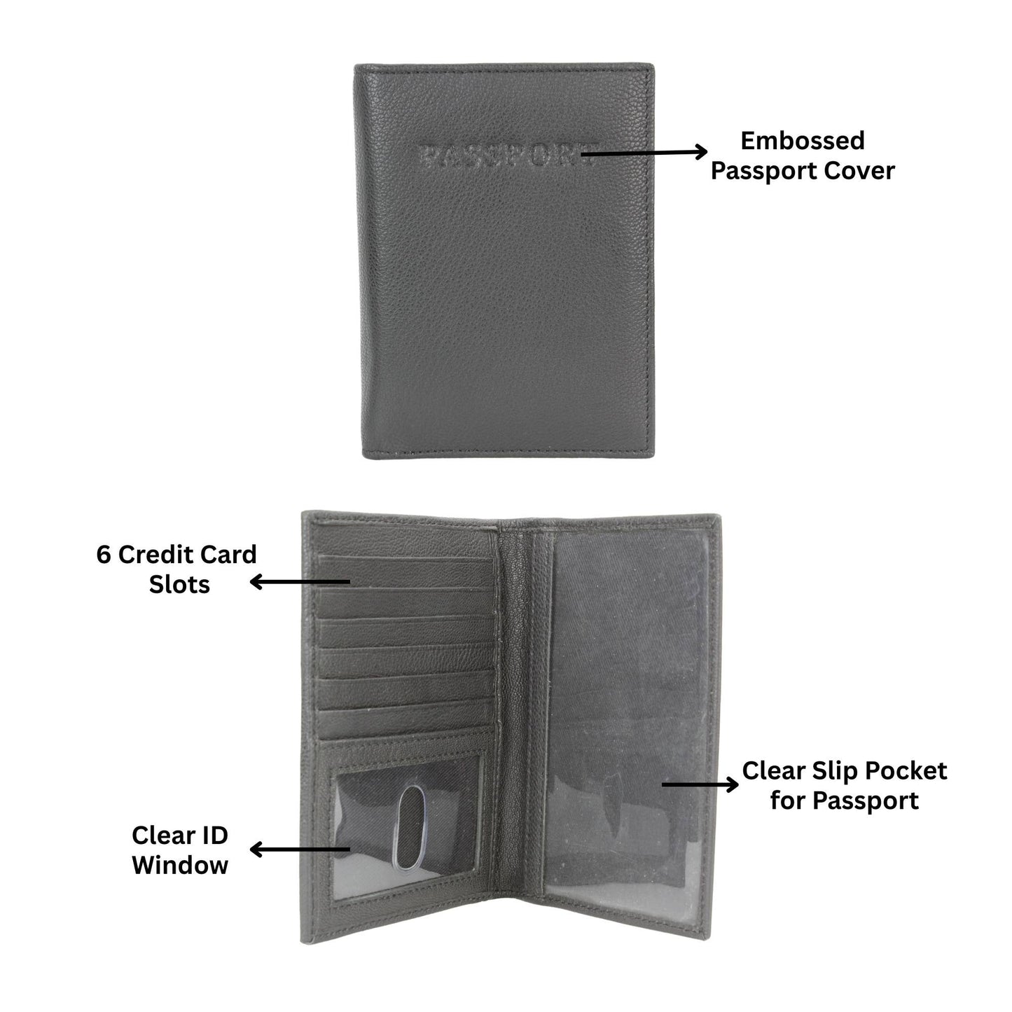 Leather Passport Holder with Card Slots: Black