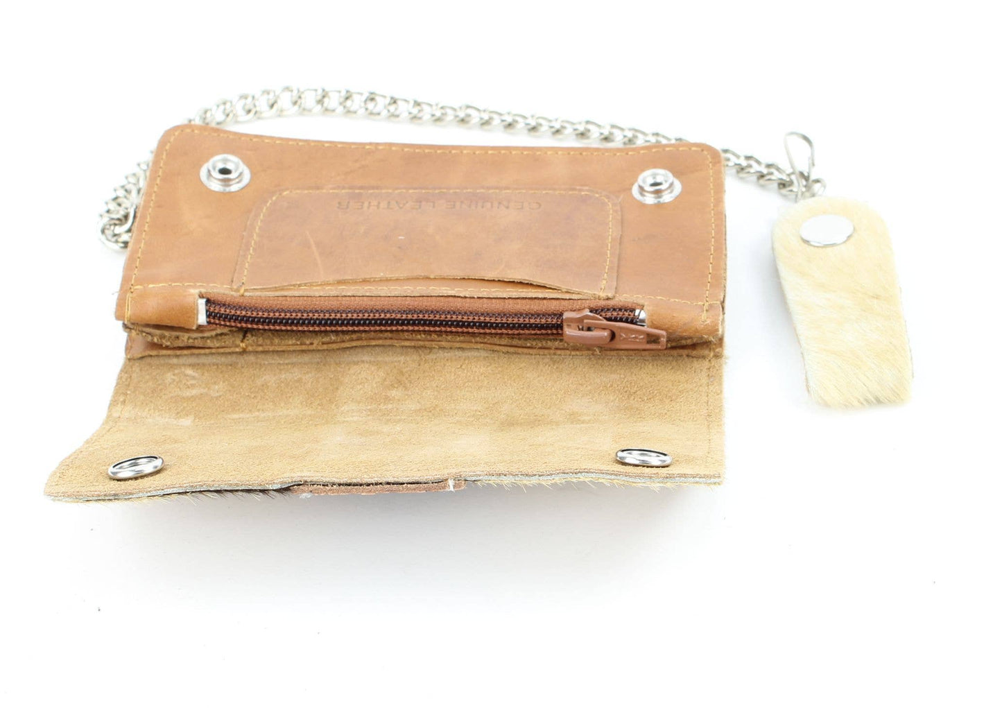 Brown hair on hide tooled leather chain wallet