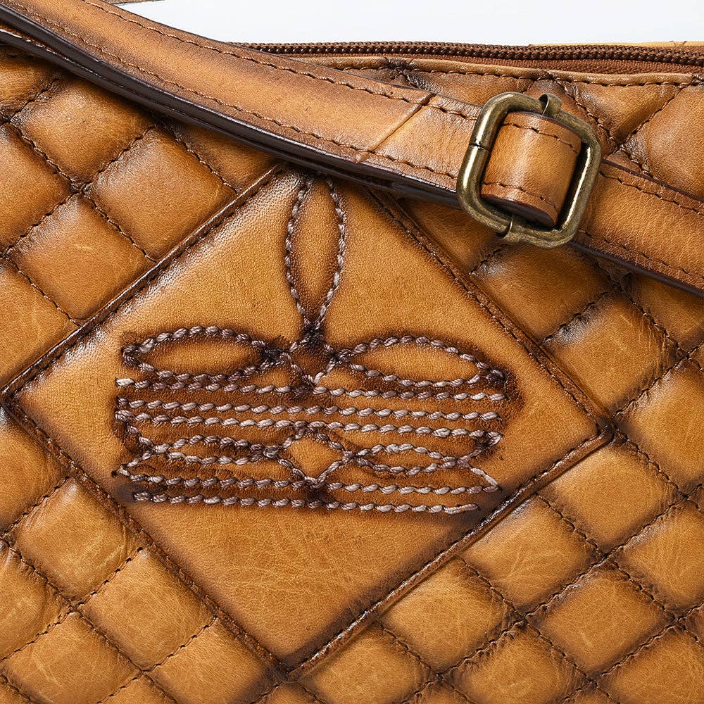 American Darling Quilted Tan Leather Crossbody Bag - Western Boot Stitch Small Rodeo Purse