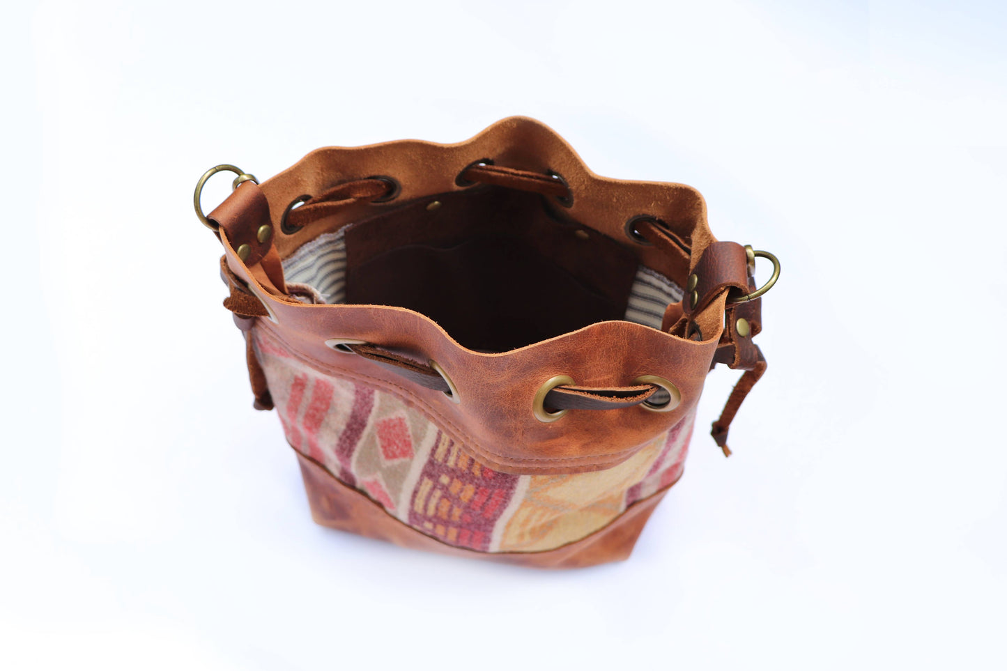 Hawks & Doves - Convertible Drawstring Leather Bag with Wool: Brown / Blue Arroyo