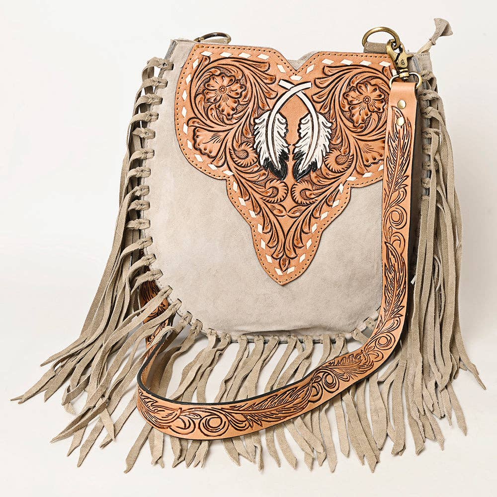 American Darling Western Feather Tooled Leather Large Crossbody Bag with Fringe