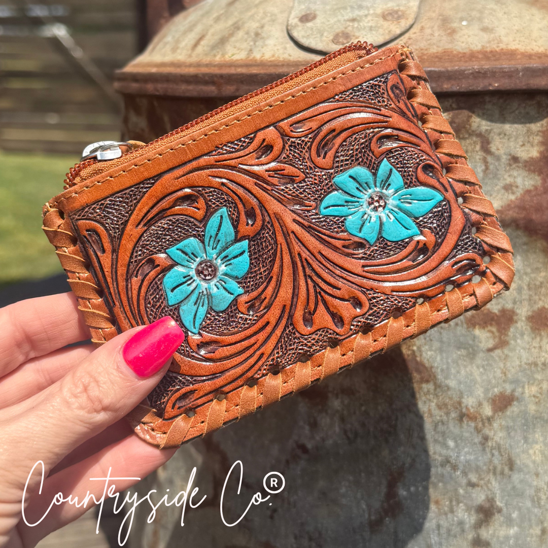 Tooled Leather Pouch, Bag Organizer Pink