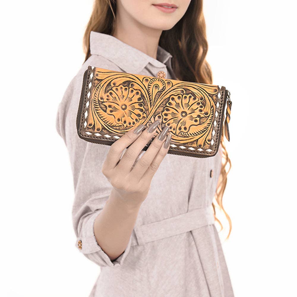 Hand Tooled Genuine Leather Floral Zip Organiser - Western Cowgirl Style