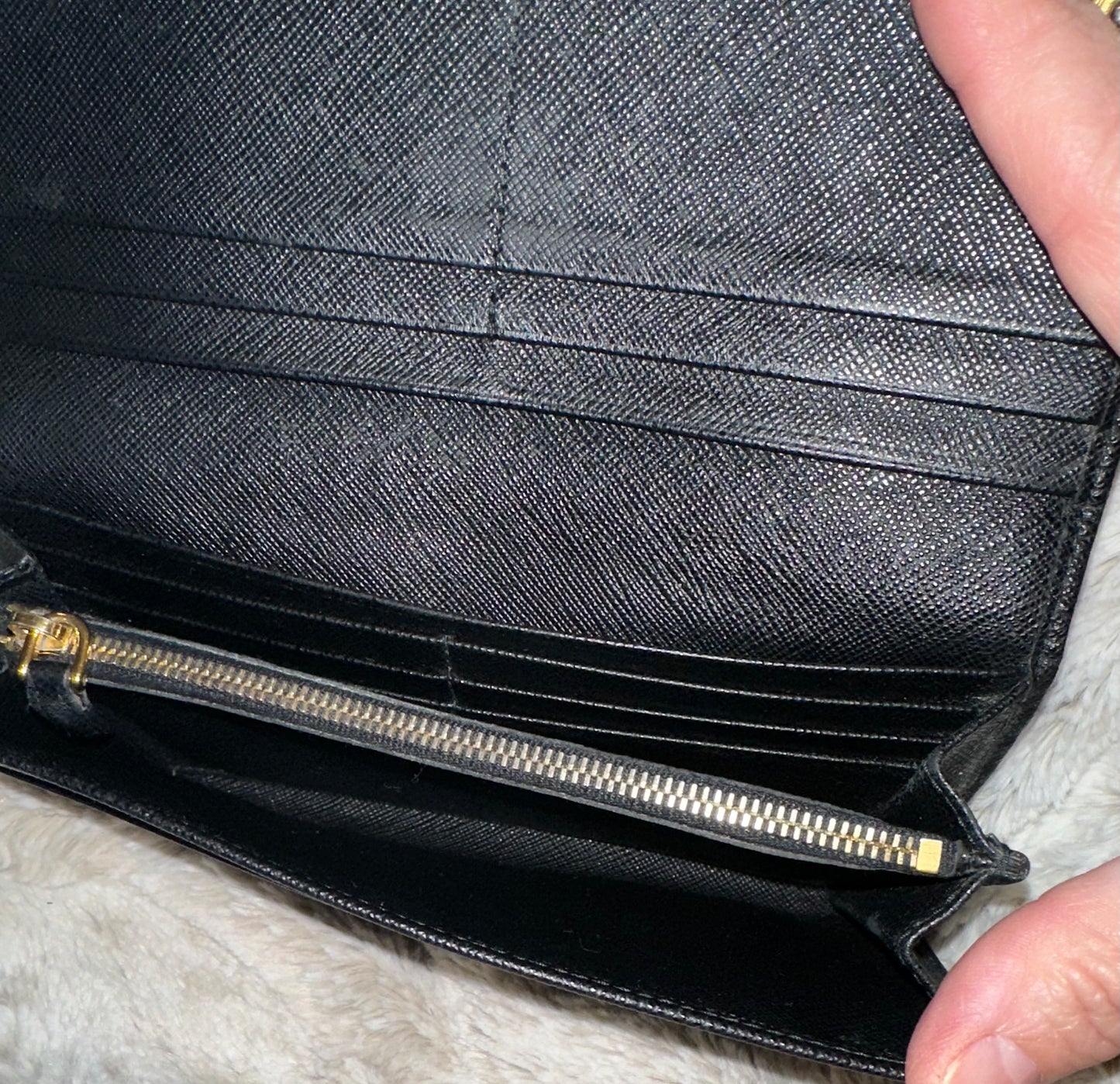 Pre-owned Prada Black Saffiano Fiocco Leather Bow Continental Wallet #14 AUTHENTIC